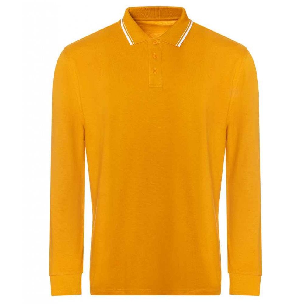 AWDis long sleeved tipped 100 polo shirt mustard/white custom print